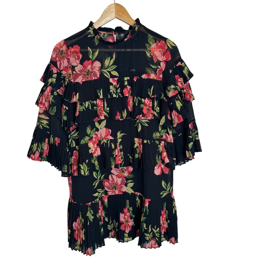 Forever 21 Pleated Floral Tiered Midi Dress Women’s Small Black Bell Sleeve